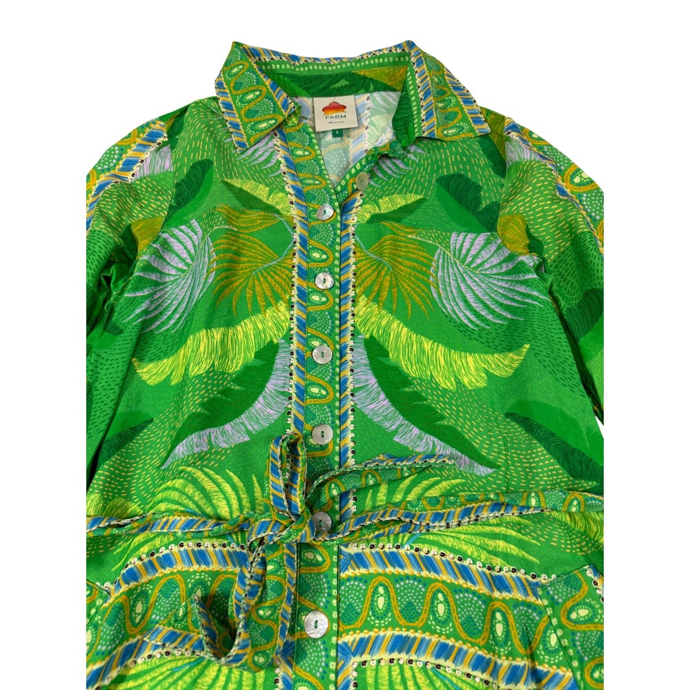 Farm Rio Macaw Scarf Chemise Tropical Parrot Green Midi Shirt Dress Belted S - Picture 6 of 14
